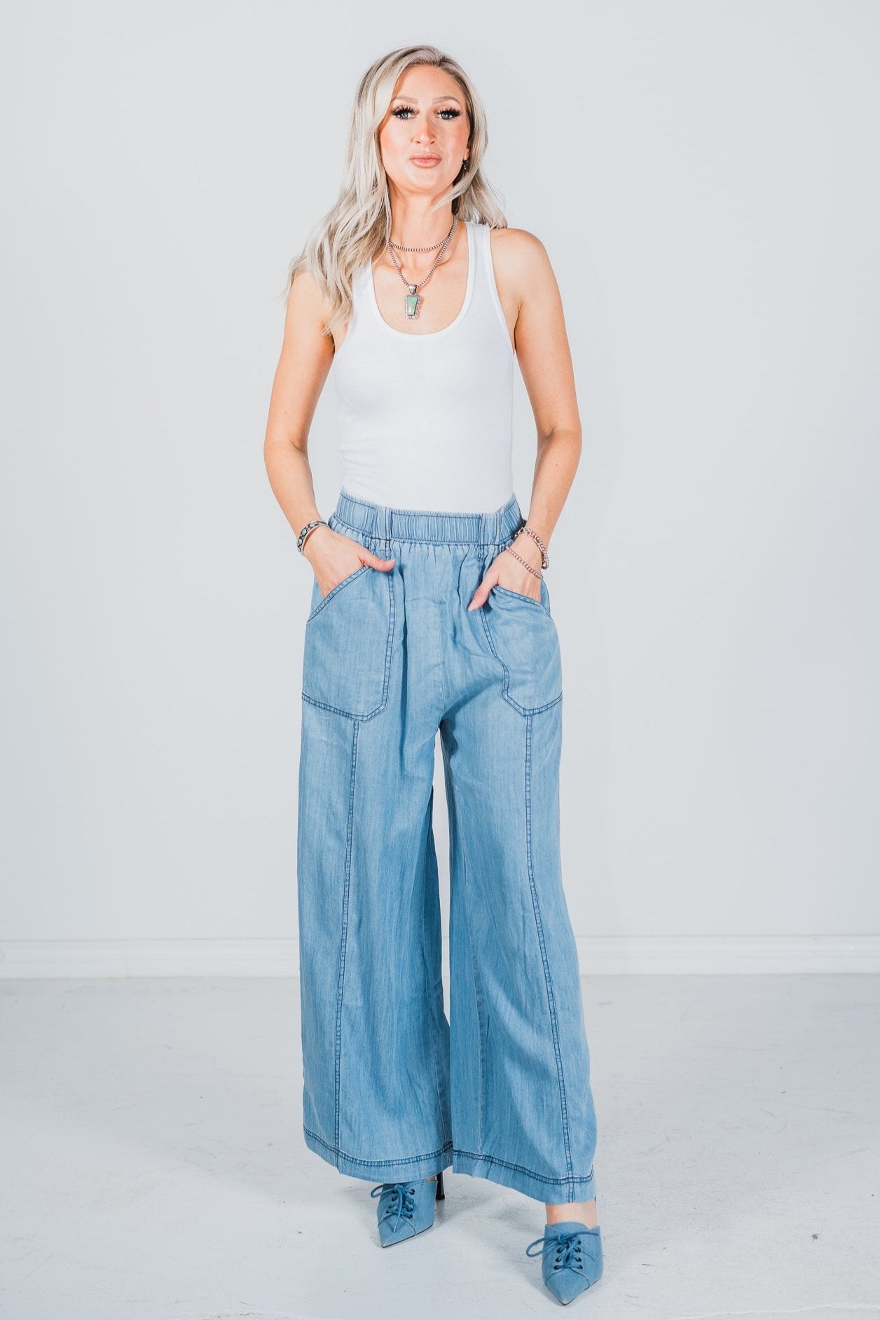 Acid Washed Chambray Palazzo Pants