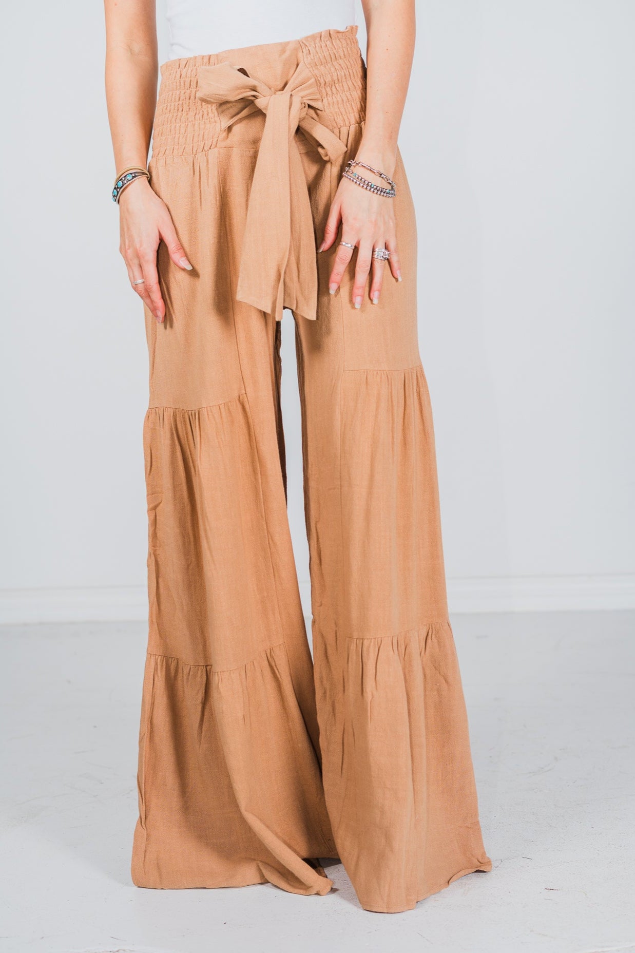 Tan Smocking Waist Tier Wide Pants