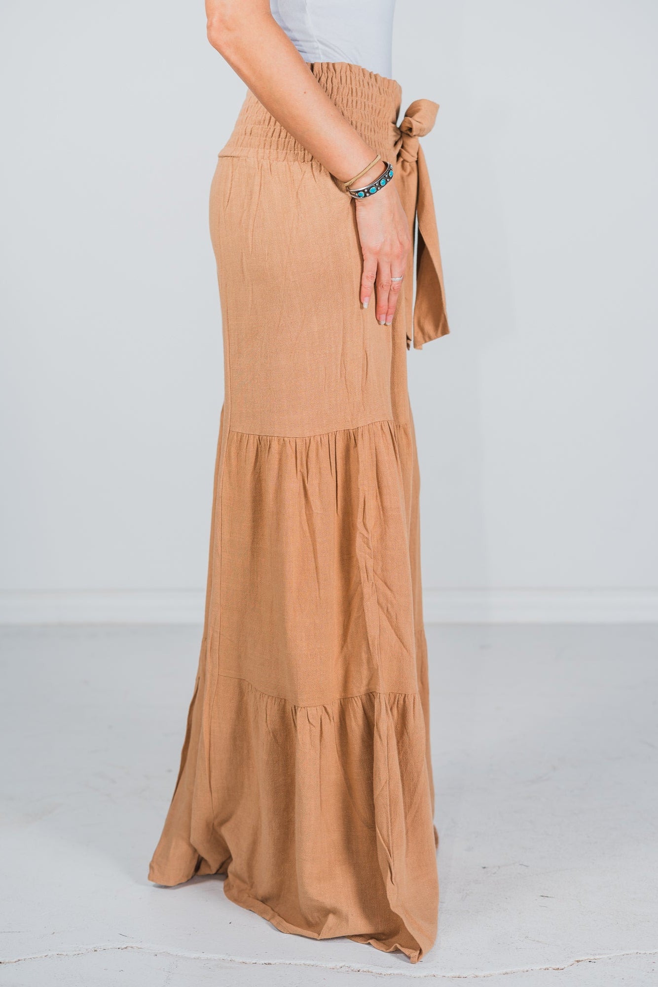 Tan Smocking Waist Tier Wide Pants