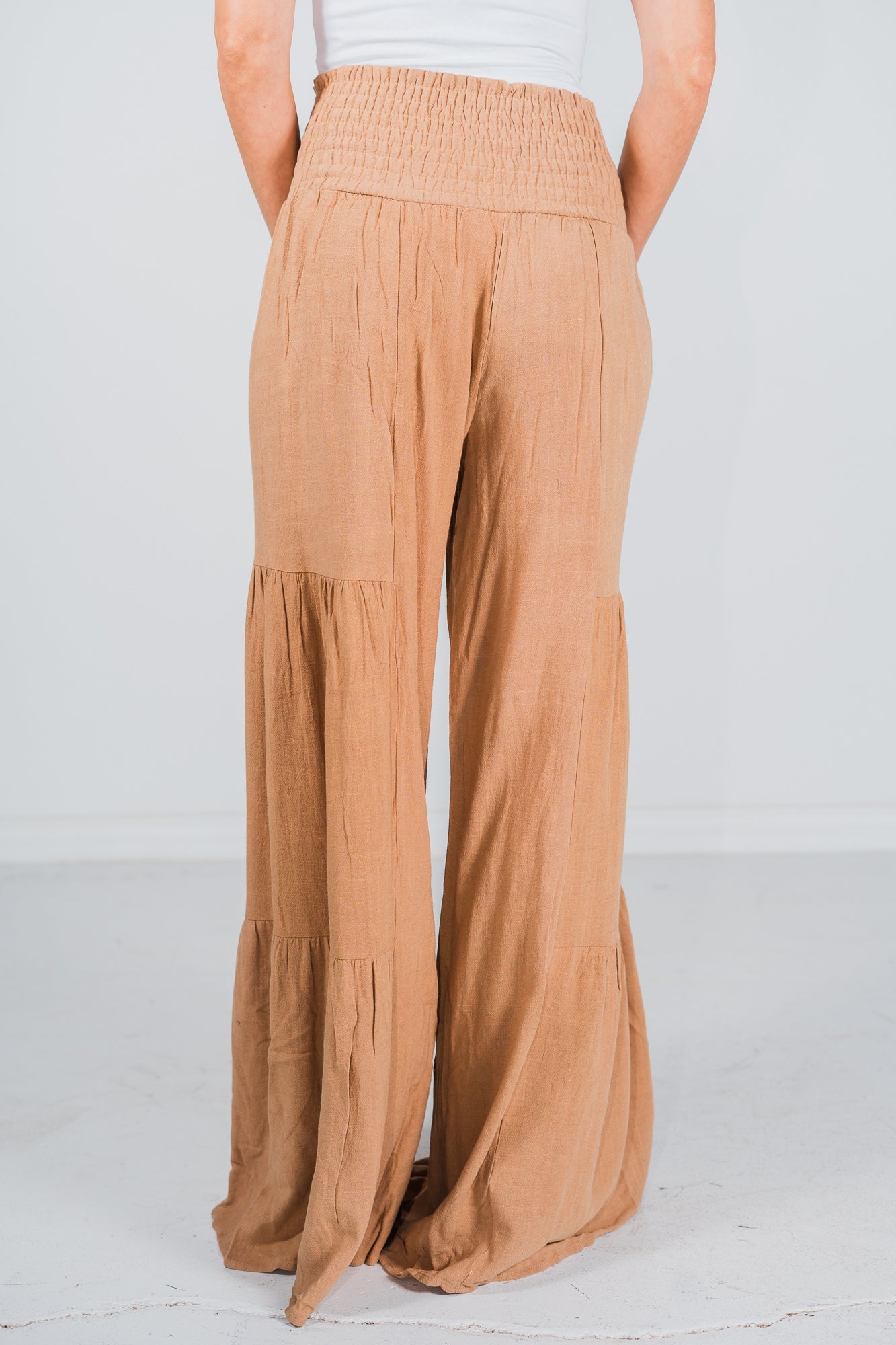 Tan Smocking Waist Tier Wide Pants