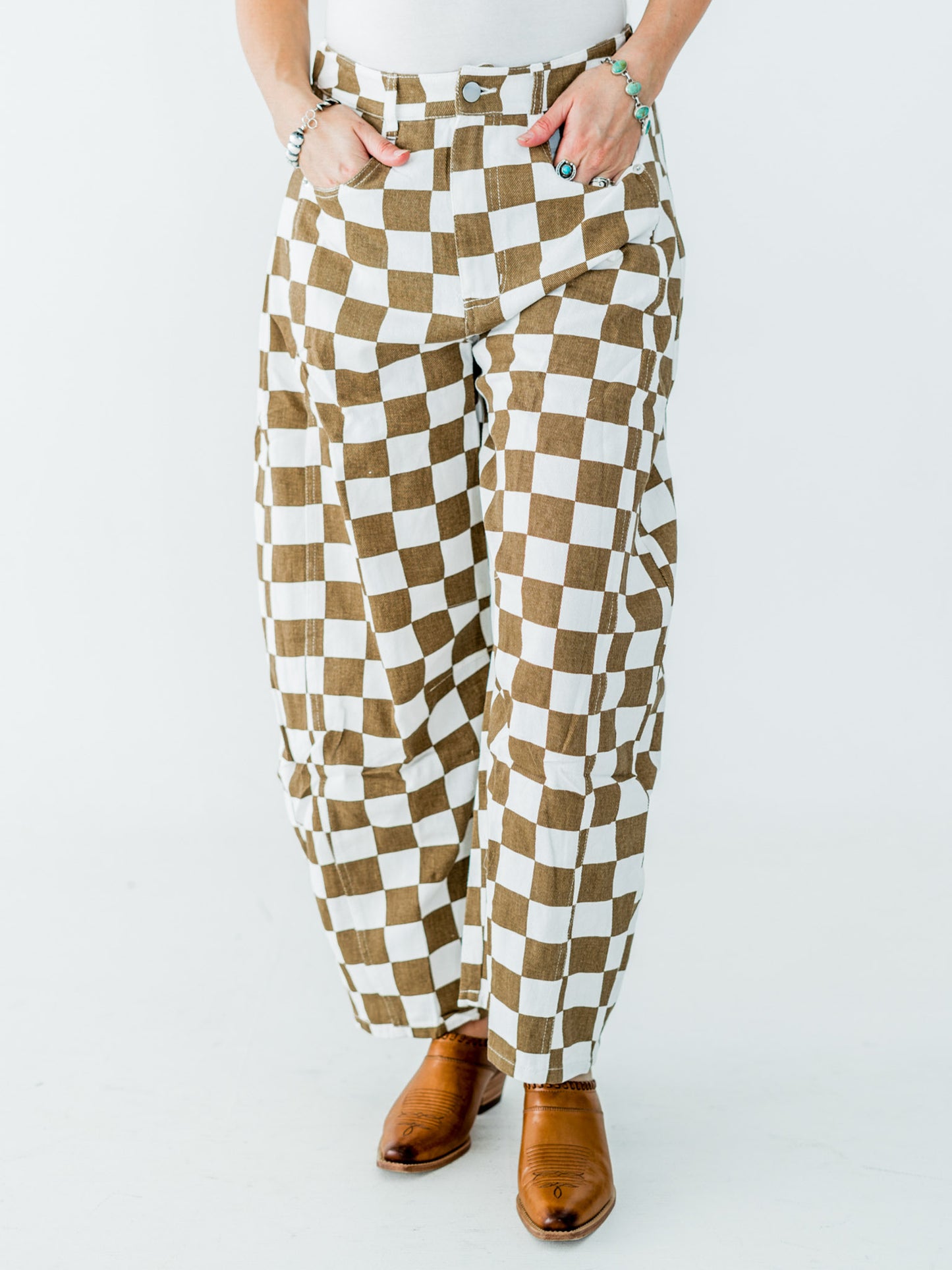 Mocha & White Checkered Barrel Leg Pants