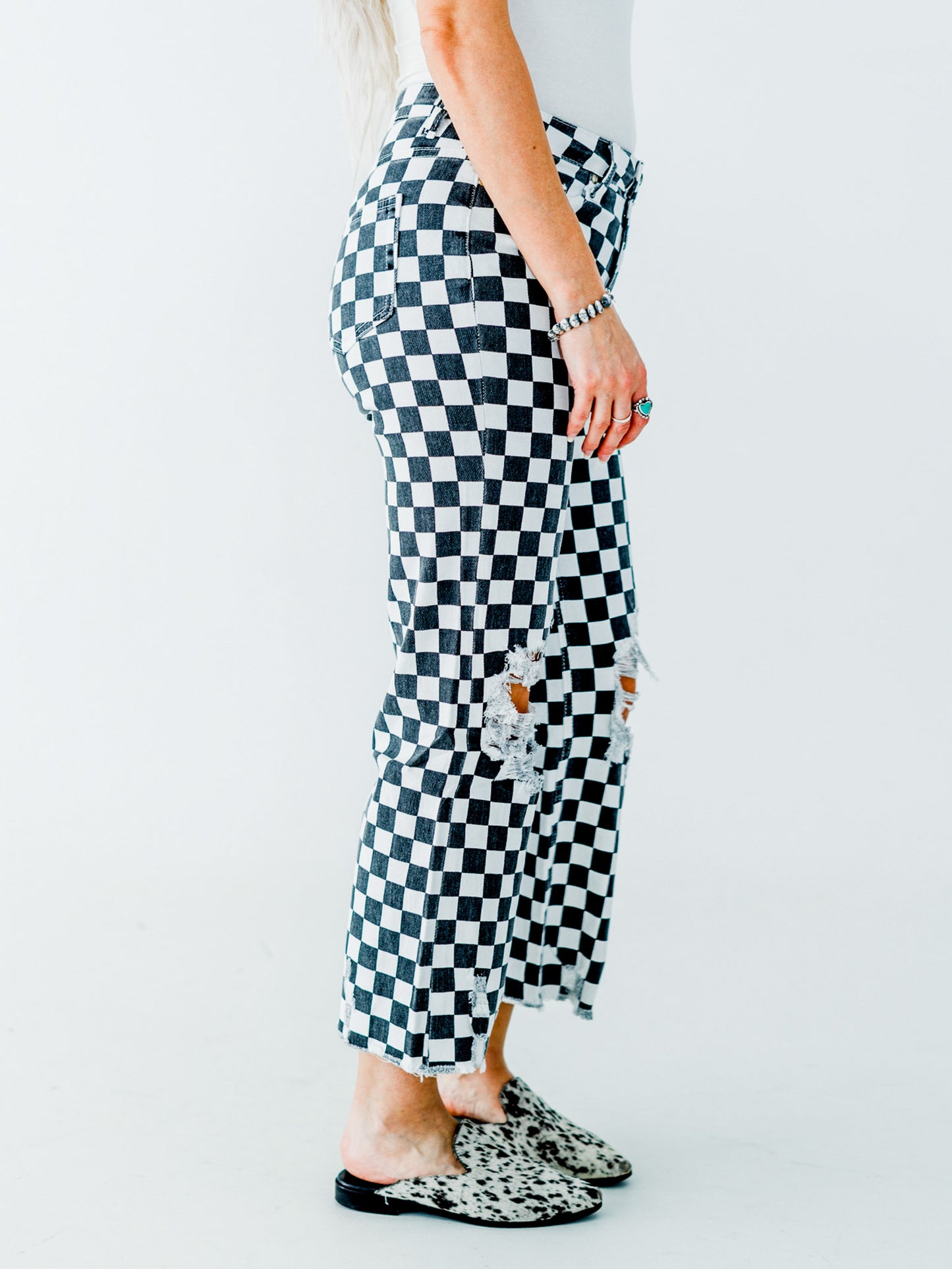 Round The Track Distressed Black & White Check Cropped Flare Jeans