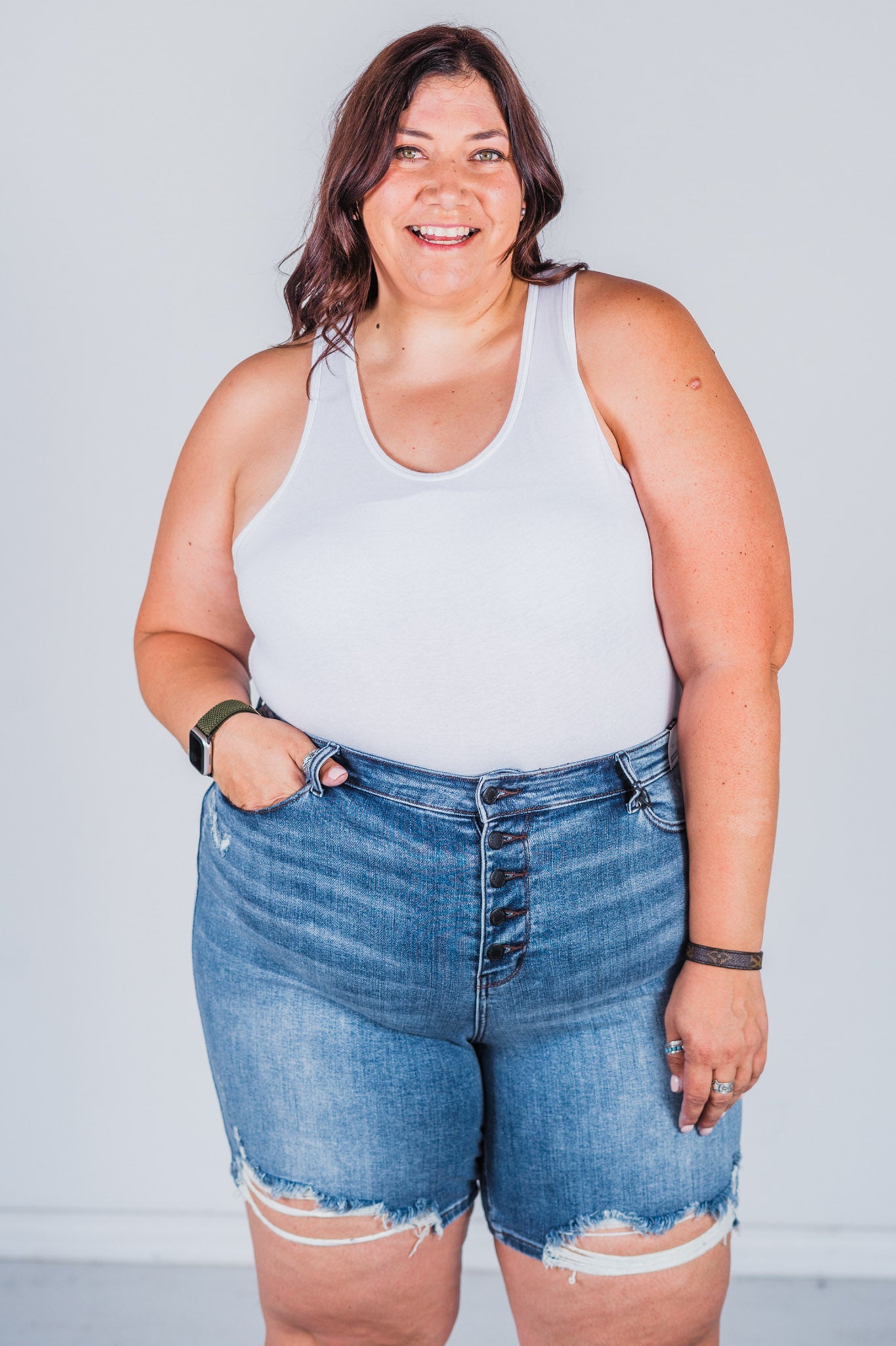 Judy Blue Button Fly Destroyed Bermuda Denim Shorts