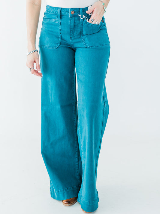 Judy Blue Teal Mid-Rise Utility Wide Leg Jeans