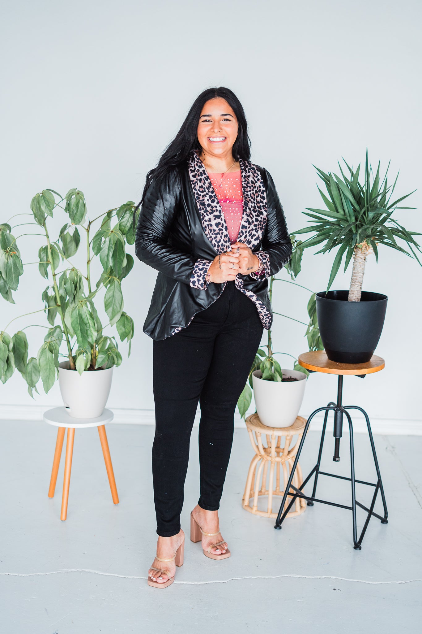 Faux Leather & Leopard Open Blazer