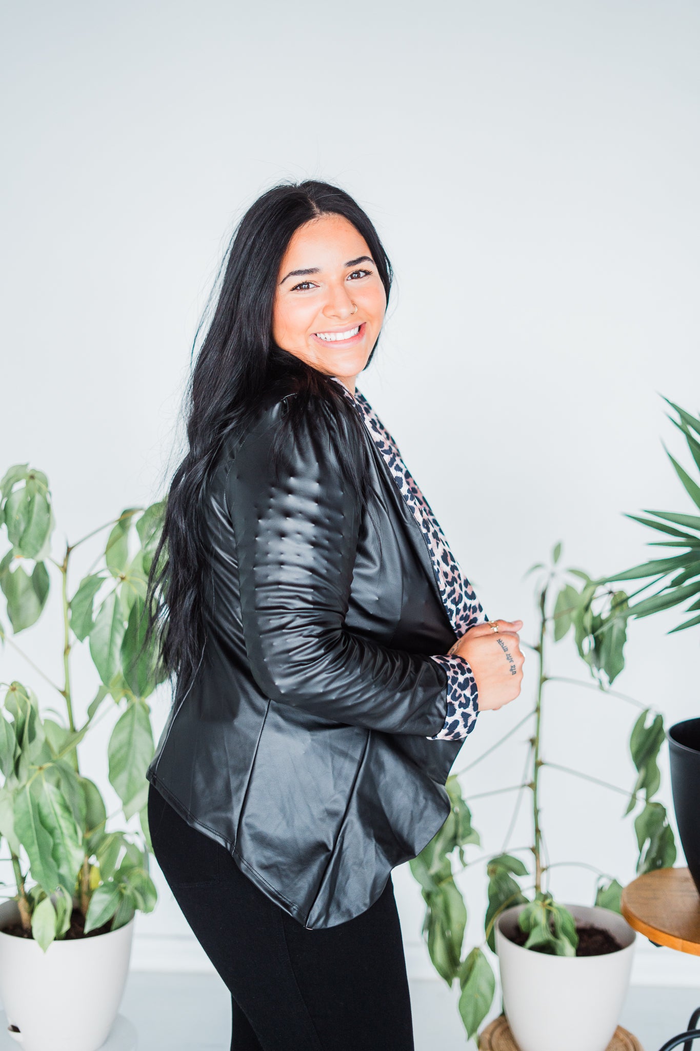 Faux Leather & Leopard Open Blazer