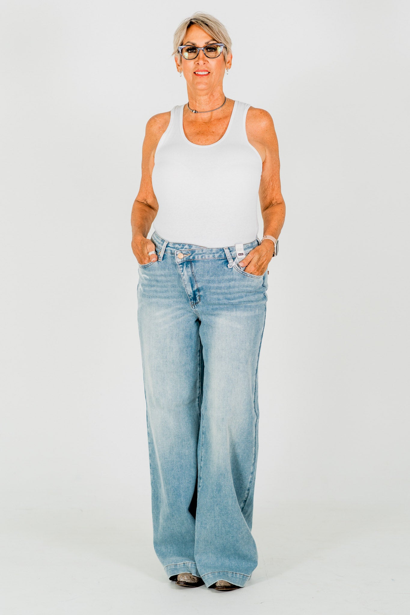 Judy Blue High-Waist Retro Wide Leg Criss Cross Waist Band Jeans