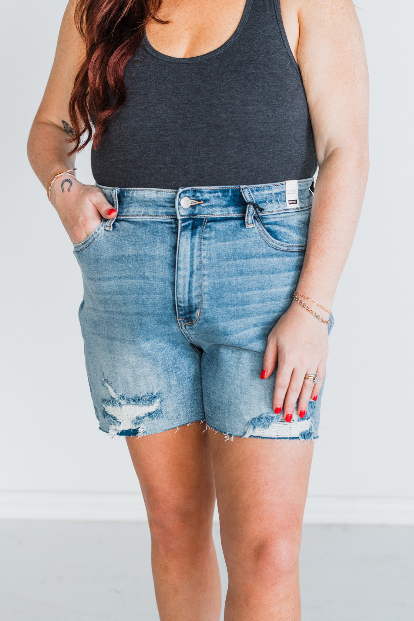 Judy Blue High-Waist Denim Shorts W/ Stitch Over Distressed Detail