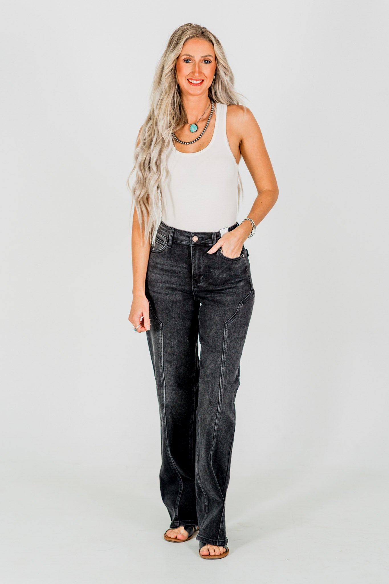 Judy Blue Mid-Rise Black Straight Leg Western Seam Detail Jeans