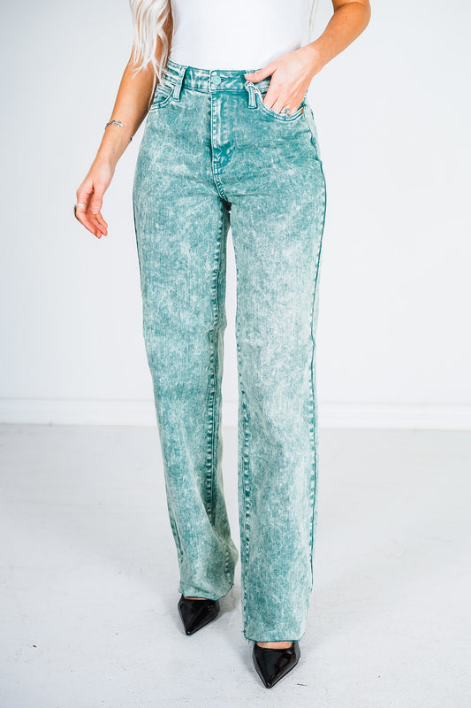 Judy Blue High Waist Sea Green Garment Dyed Raw Hem Dad Jeans