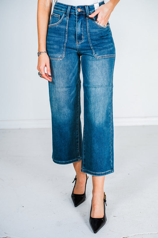 Judy Blue High Waist Utility Pocket Wide Cropped Jeans