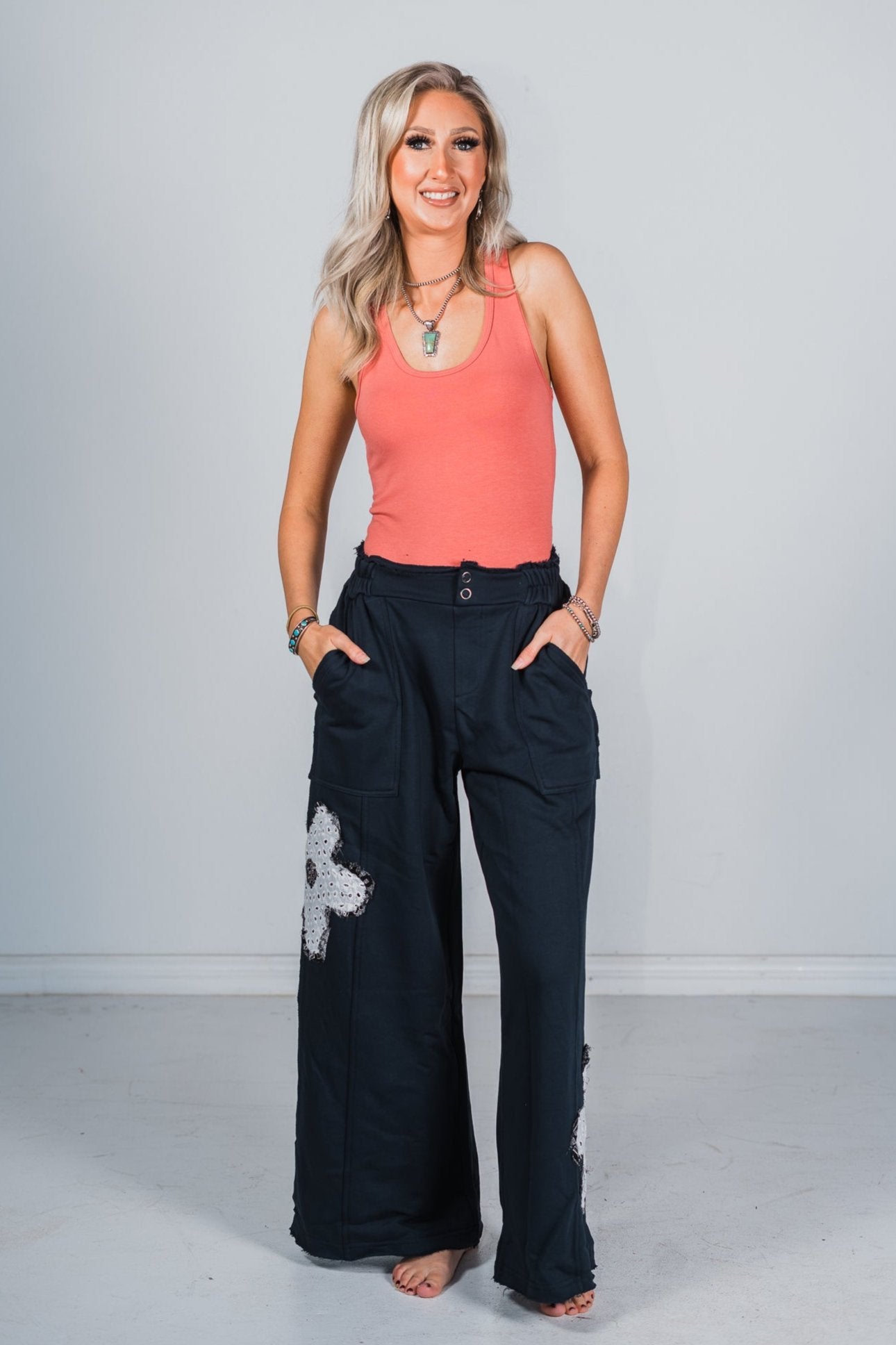 Ink Blue Floral Patchwork French Terry Pants