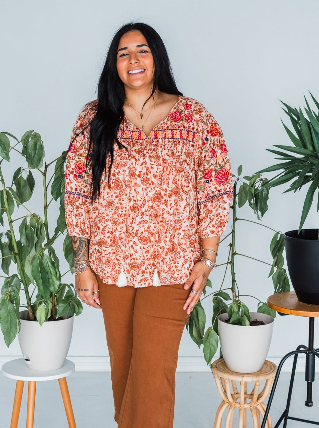 Embroidered Babydoll Top W/ V-Neckline