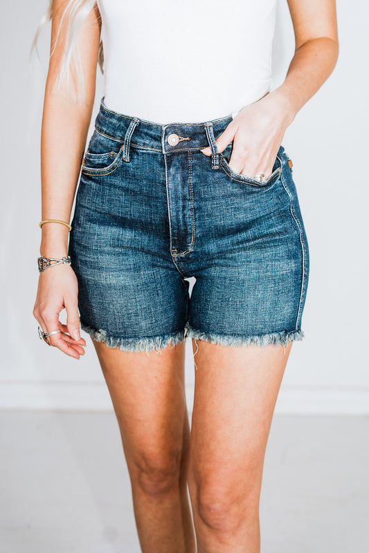 Judy Blue Tummy Control Frayed Hem & Shield Back Pocket Denim Shorts