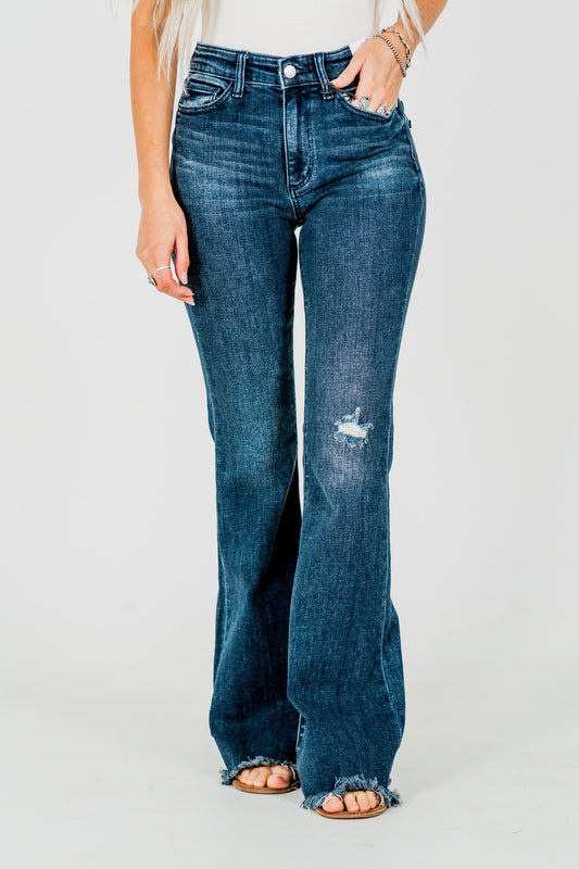 Judy Blue Tall Inseam Mid Rise Flare Jeans With Frayed Hems