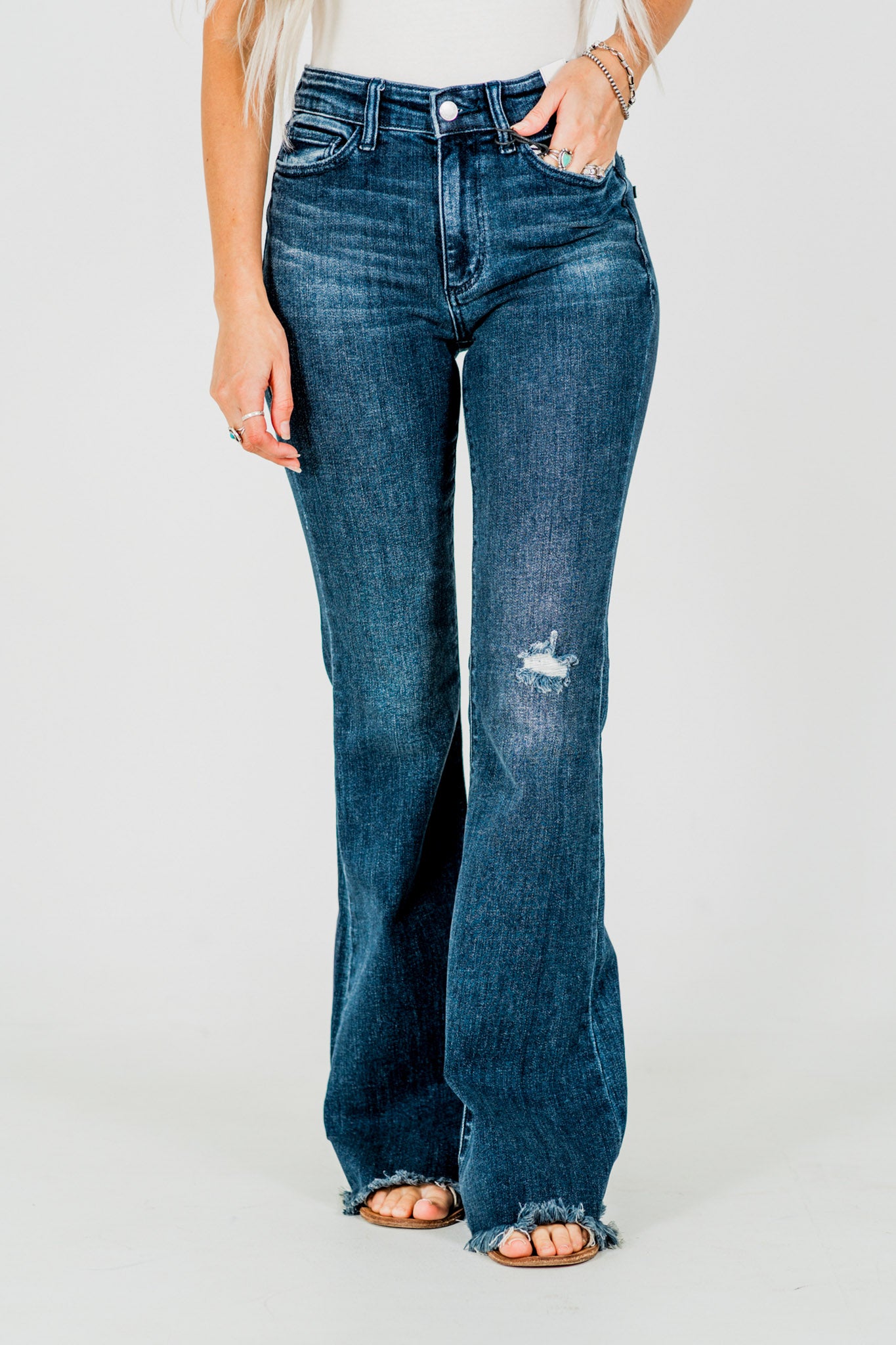 Judy Blue Tall Inseam Mid Rise Flare Jeans With Frayed Hems