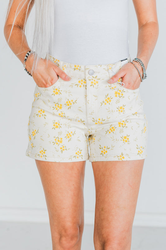 White Judy Blue Flower Print Denim Shorts