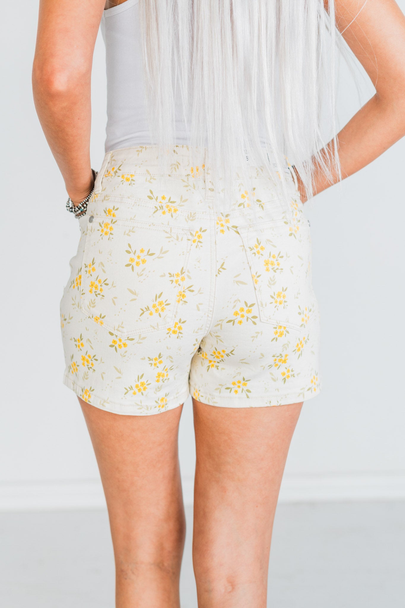 White Judy Blue Flower Print Denim Shorts
