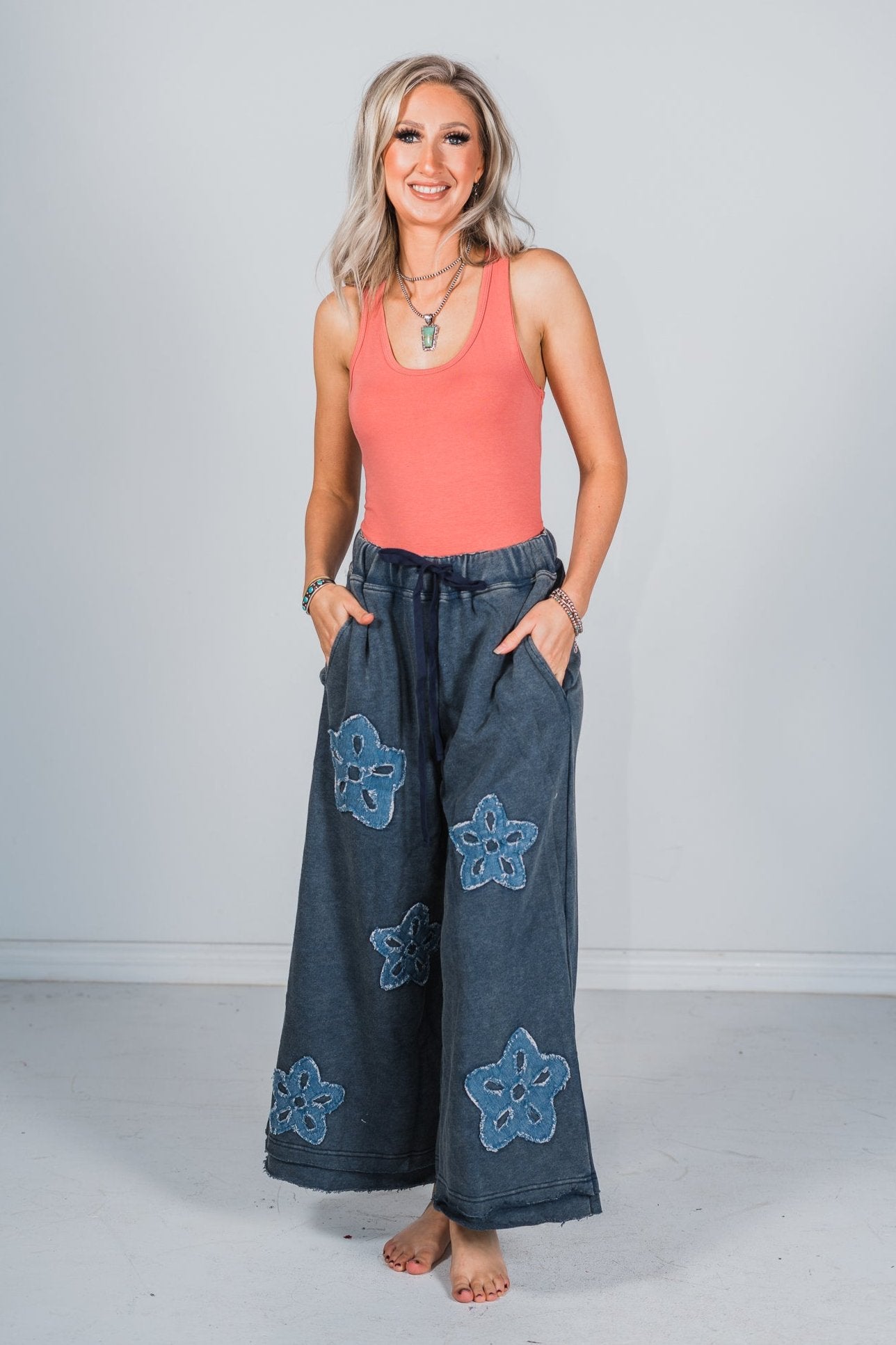 Heather Blue Flower Patch Acid Washed Cropped Palazzo Pants