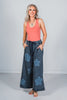 Heather Blue Flower Patch Acid Washed Cropped Palazzo Pants