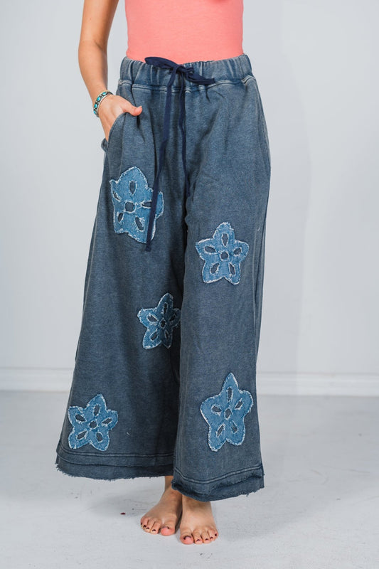 Heather Blue Flower Patch Acid Washed Cropped Palazzo Pants