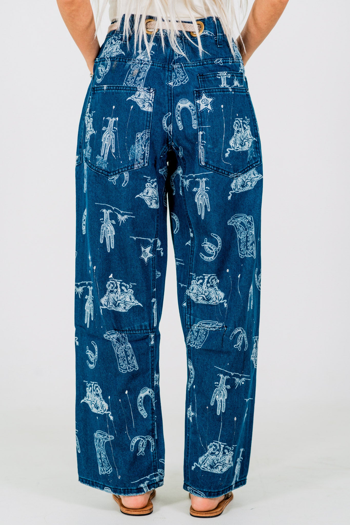 Mineral Washed Denim Pants With Western Print