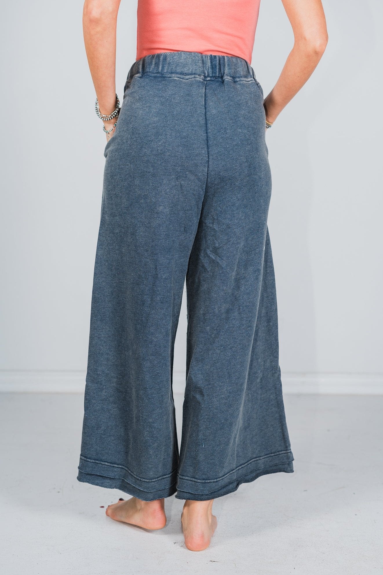 Heather Blue Flower Patch Acid Washed Cropped Palazzo Pants