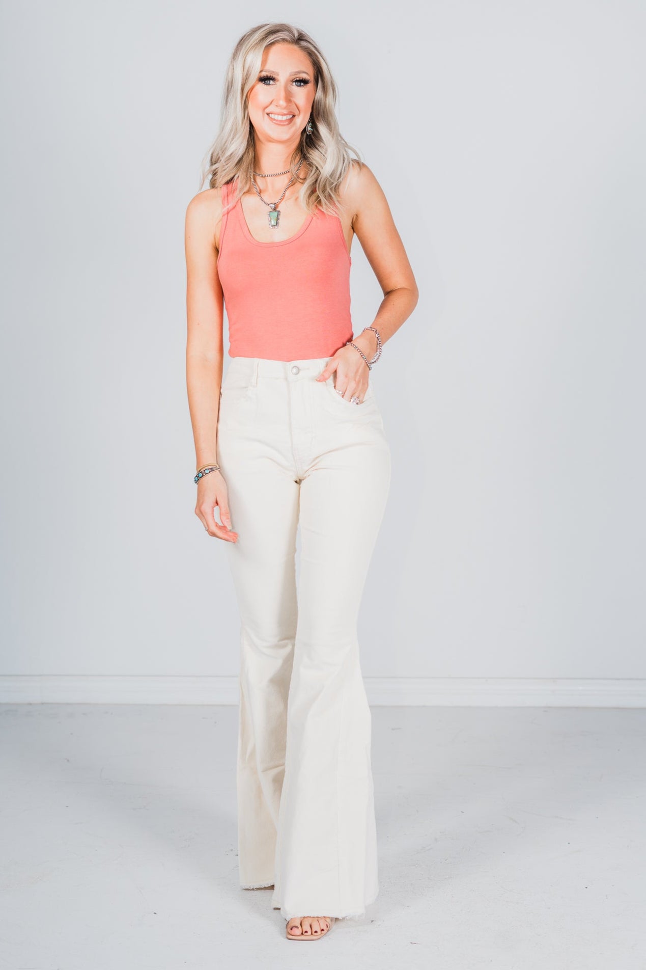 Cream Corduroy Flared Pants