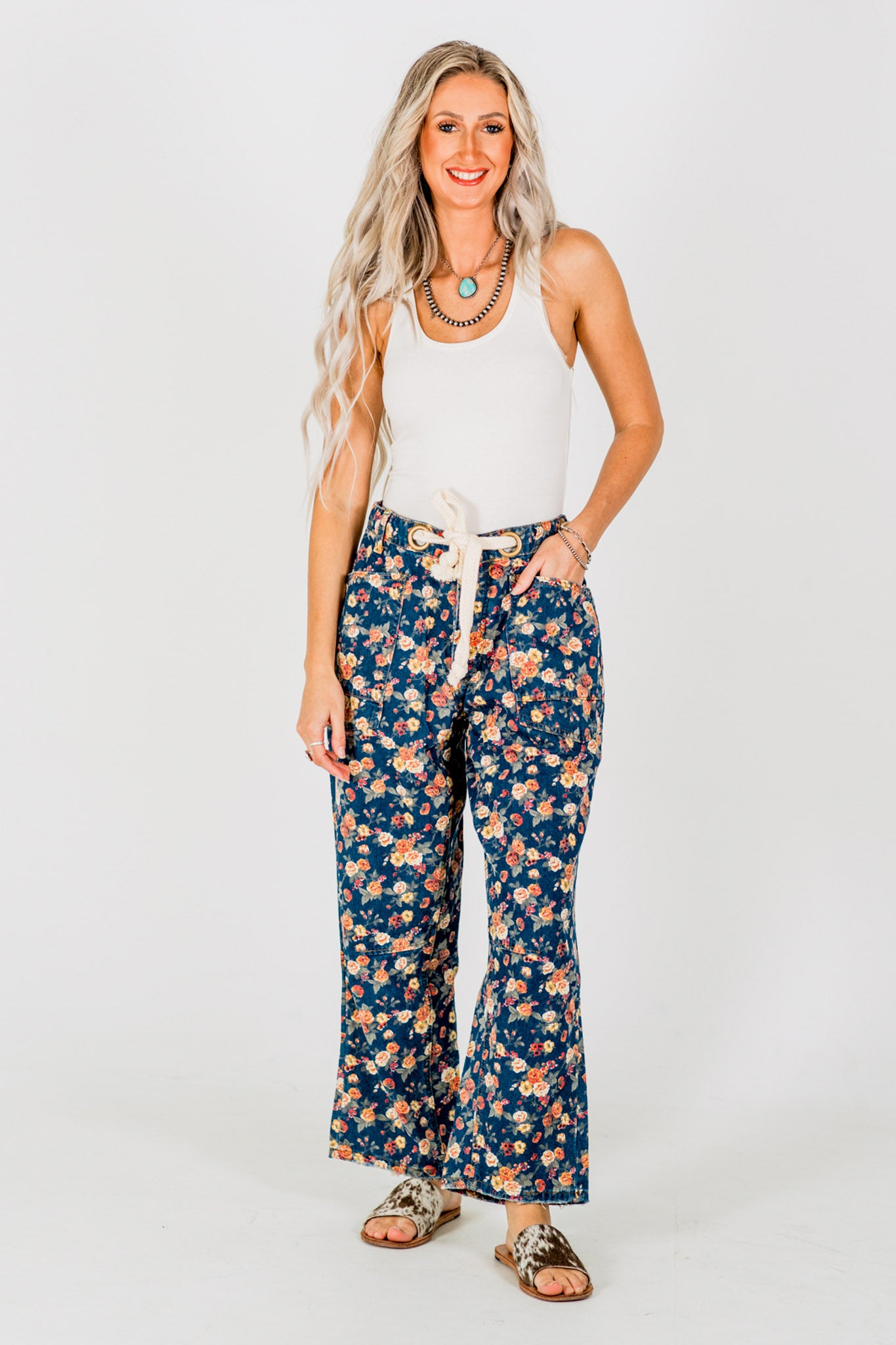Mineral Washed Denim Pants With Ditsy Floral Print