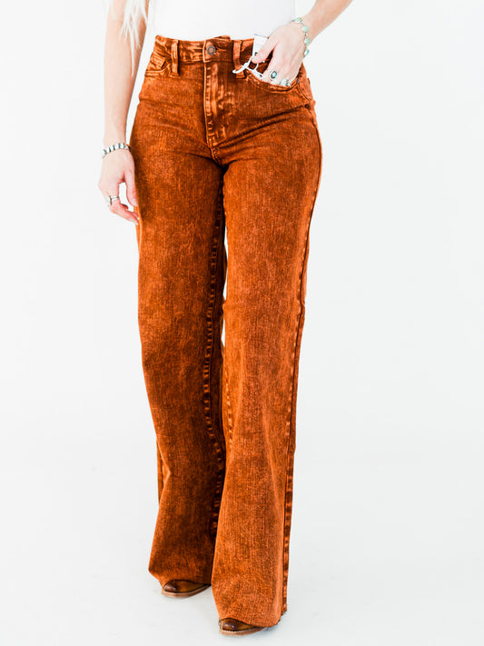 Judy Blue High Waist Pumpkin Spice Dyed Raw Hem Retro Wide
