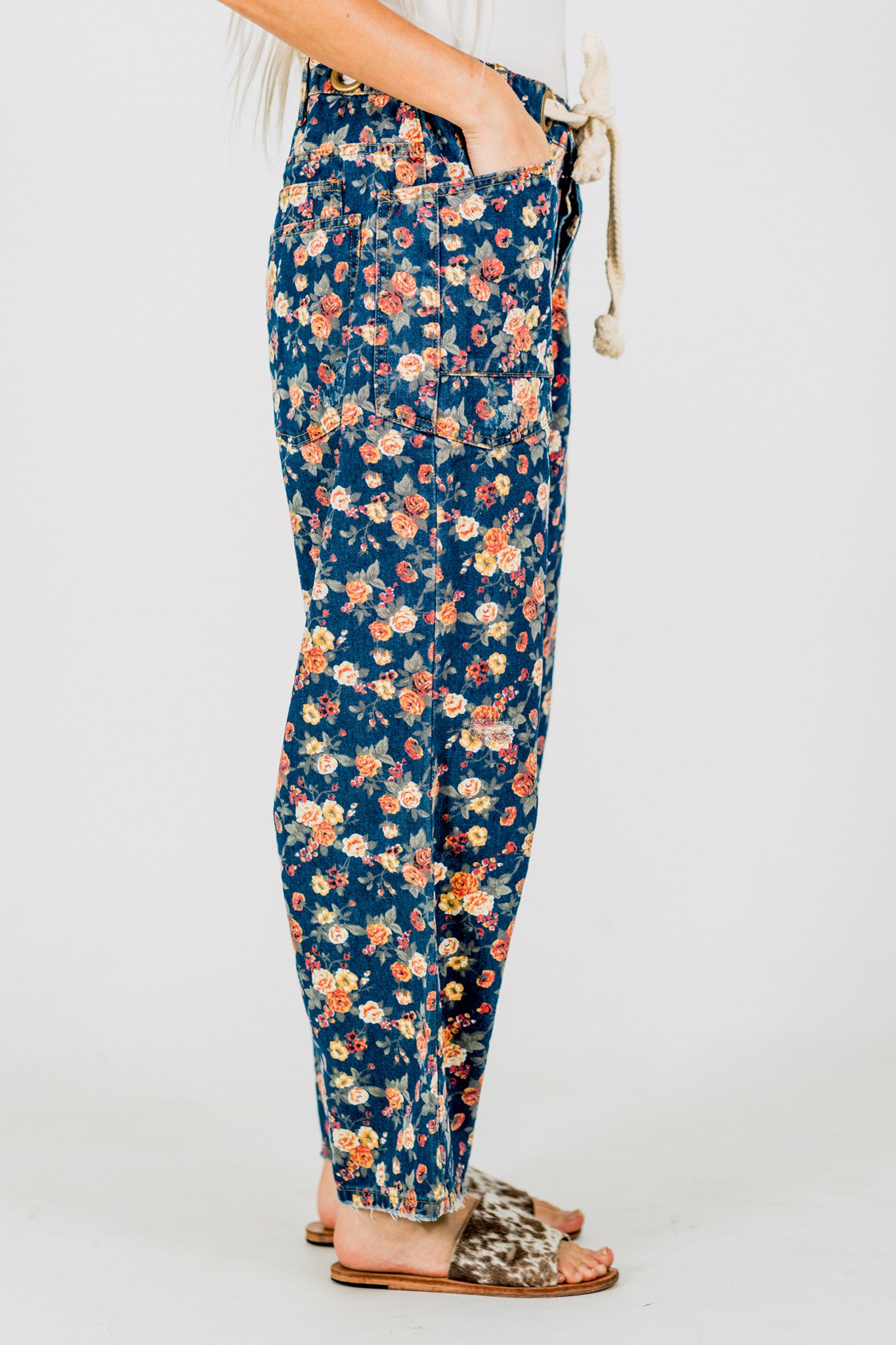 Mineral Washed Denim Pants With Ditsy Floral Print