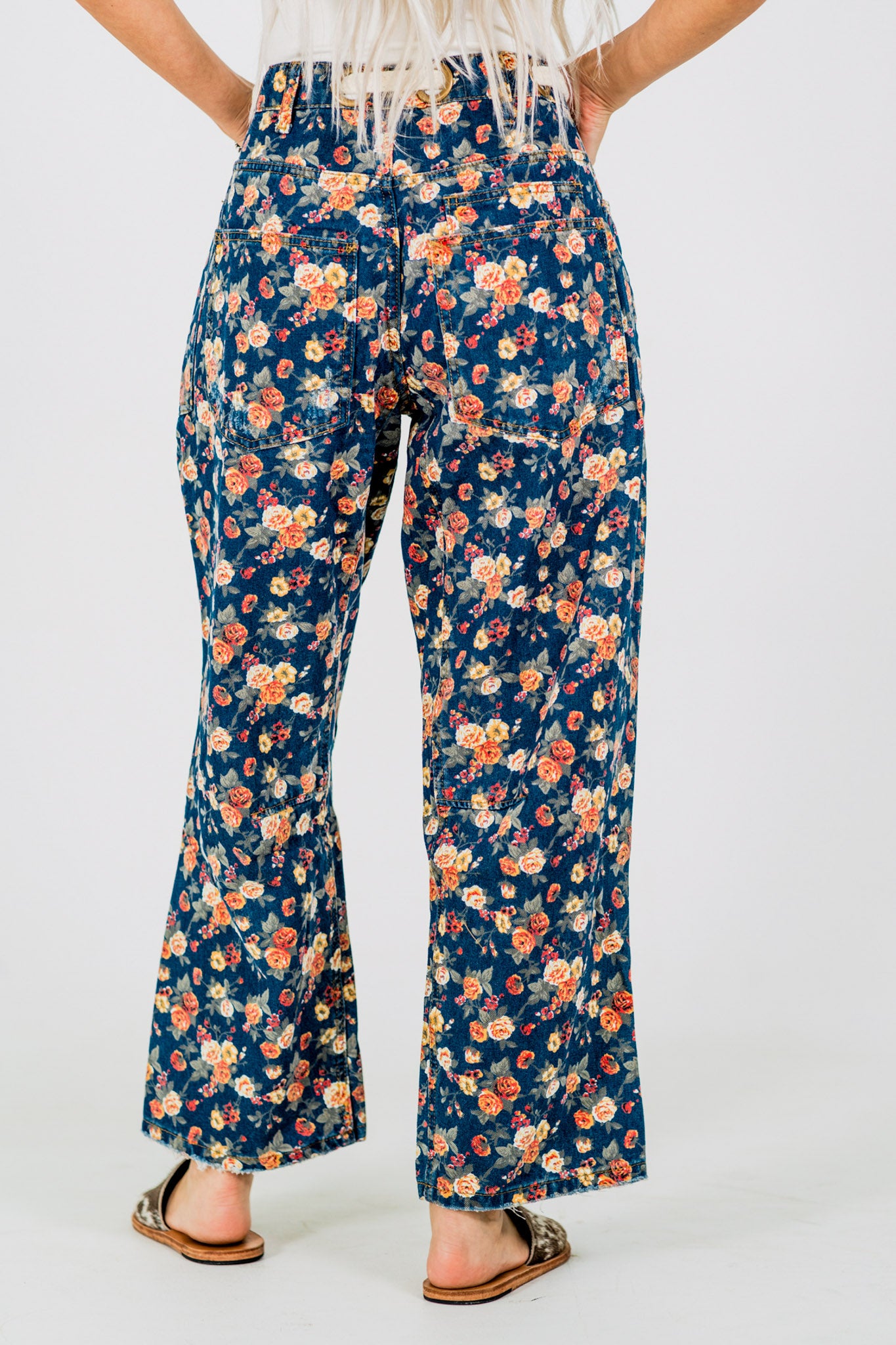 Mineral Washed Denim Pants With Ditsy Floral Print