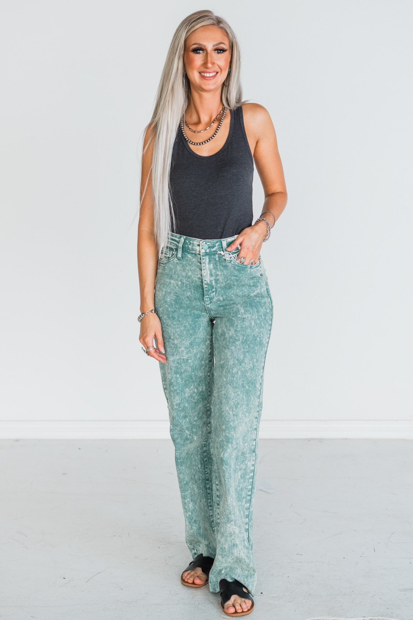 Judy Blue High Waist Sea Green Garment Dyed Raw Hem Dad Jeans