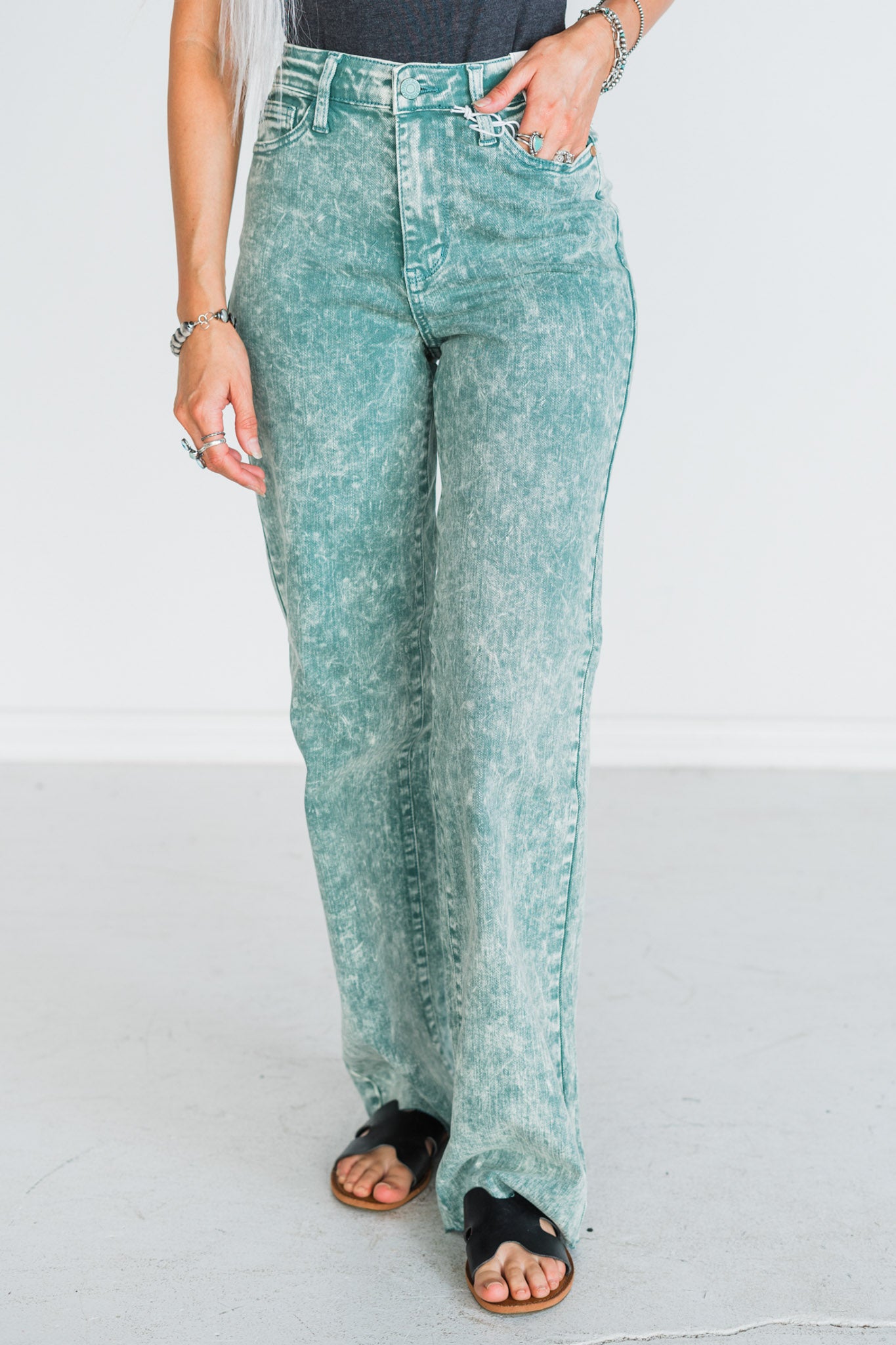 Judy Blue High Waist Sea Green Garment Dyed Raw Hem Dad Jeans