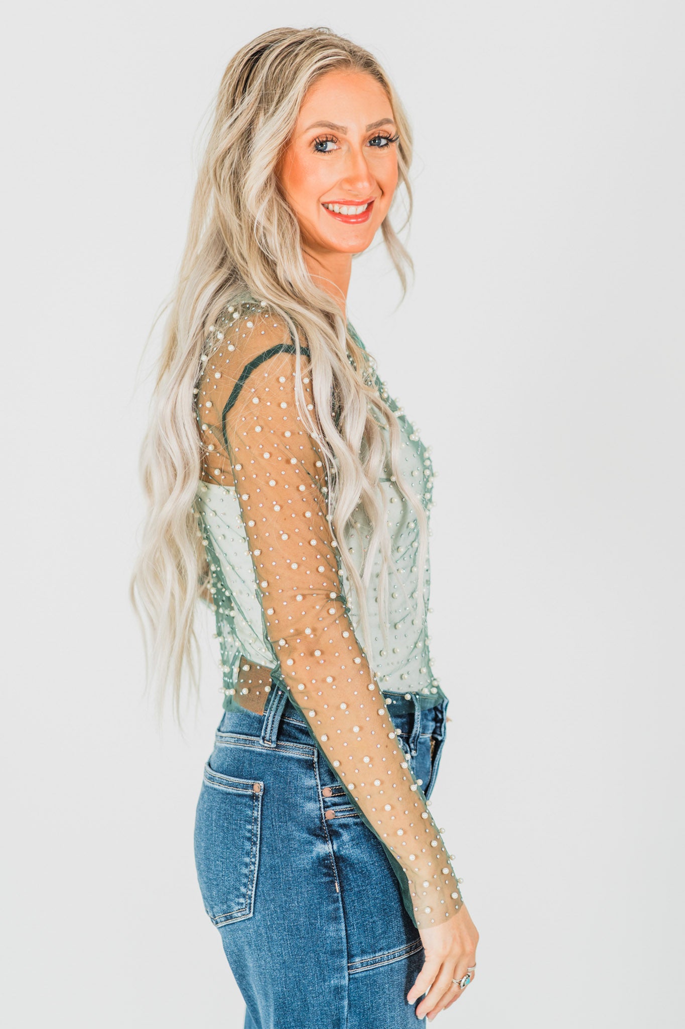 Hunter Green Pearl Covered Mesh Top