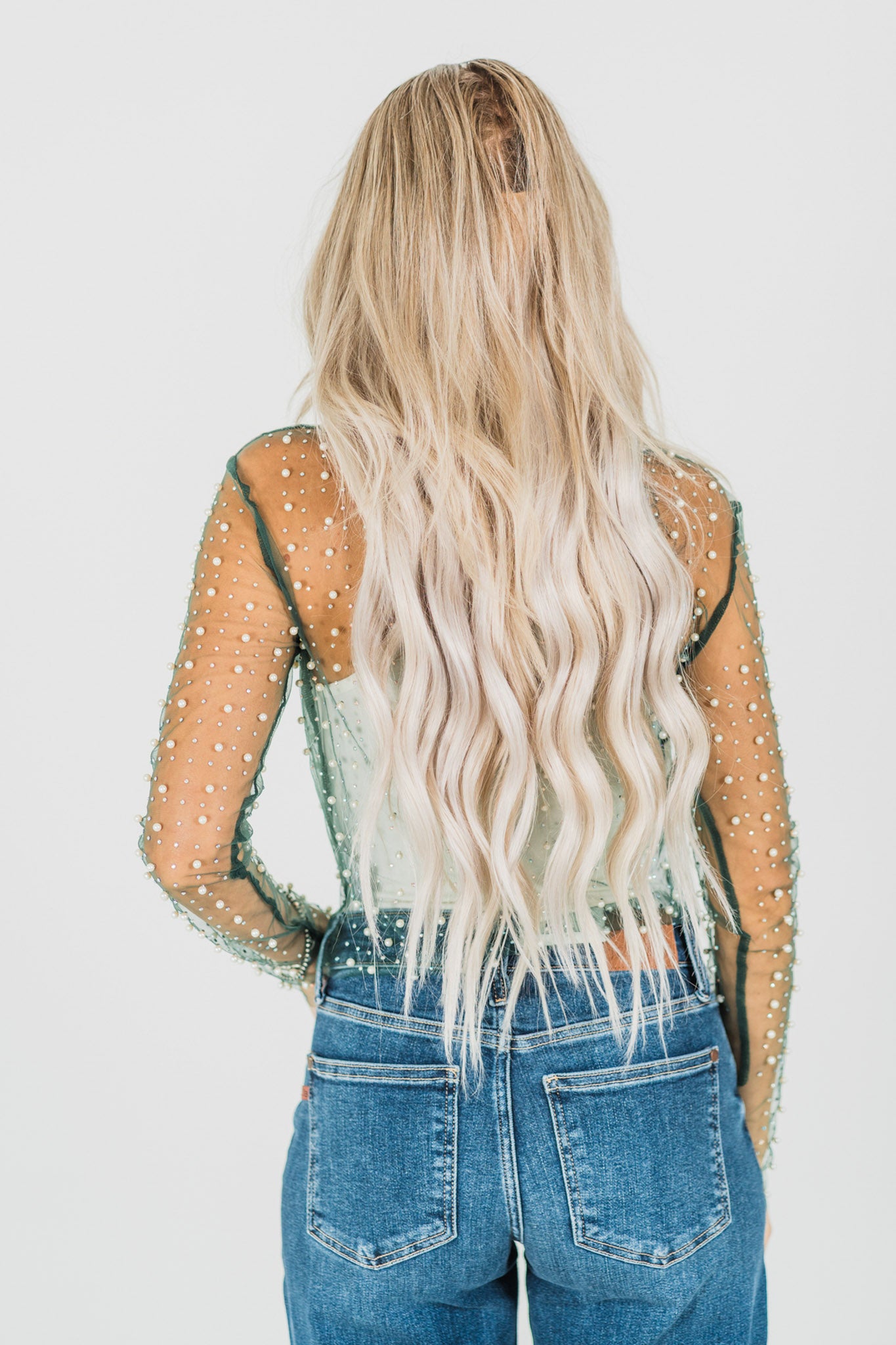 Hunter Green Pearl Covered Mesh Top