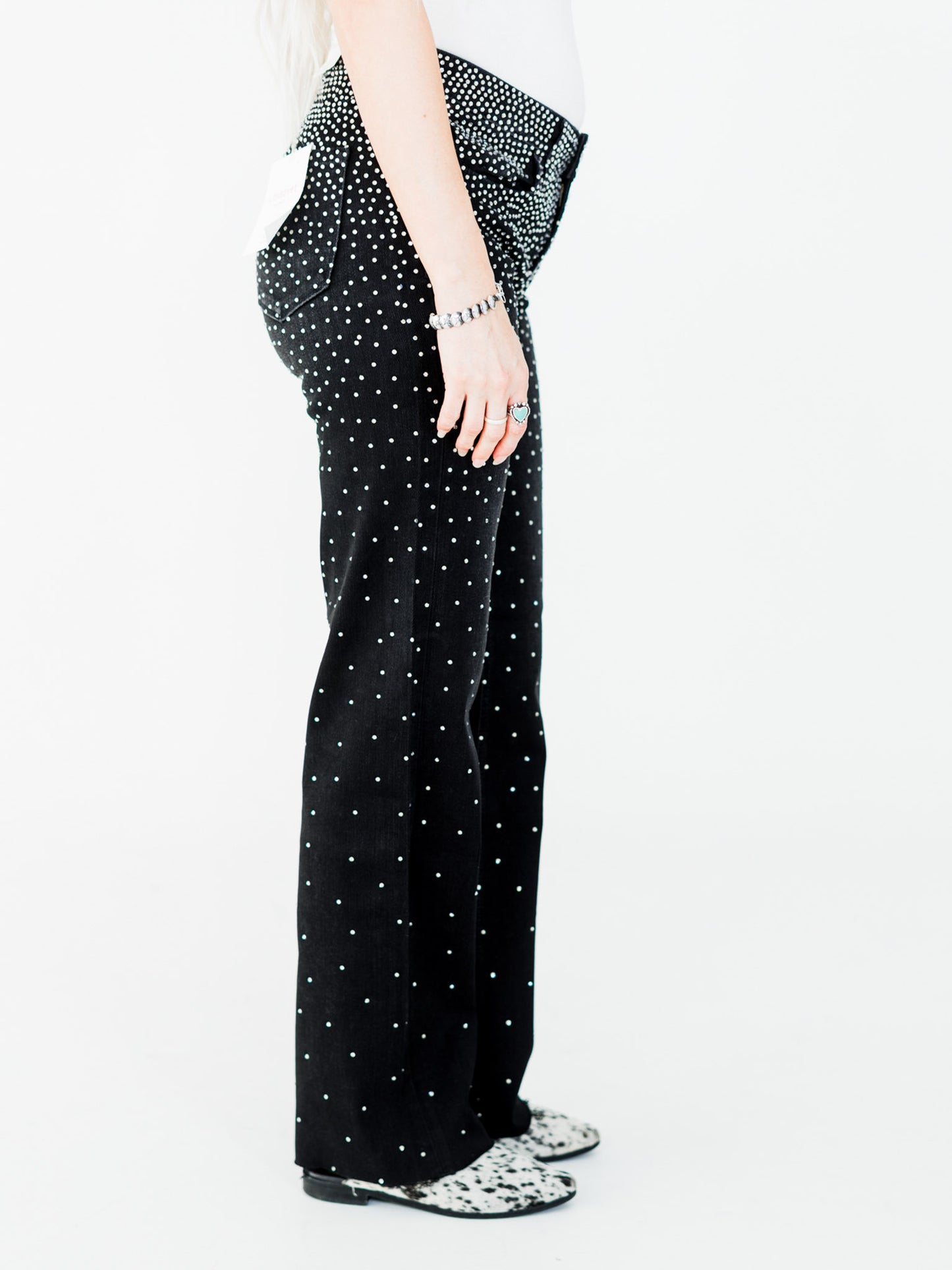 Black High-Rise Slim Wide Leg Jeans W/ Rhinestones