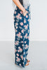 Floral Print Washed Denim Raw Edge Detail Wide Leg Pants