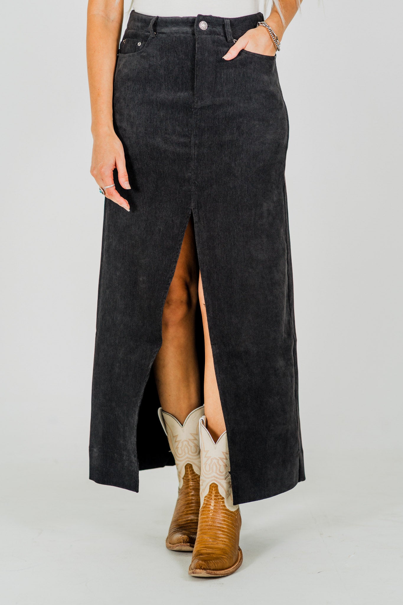 Black Front Slit Stretch Fabric Skirt - Whiskey Skies