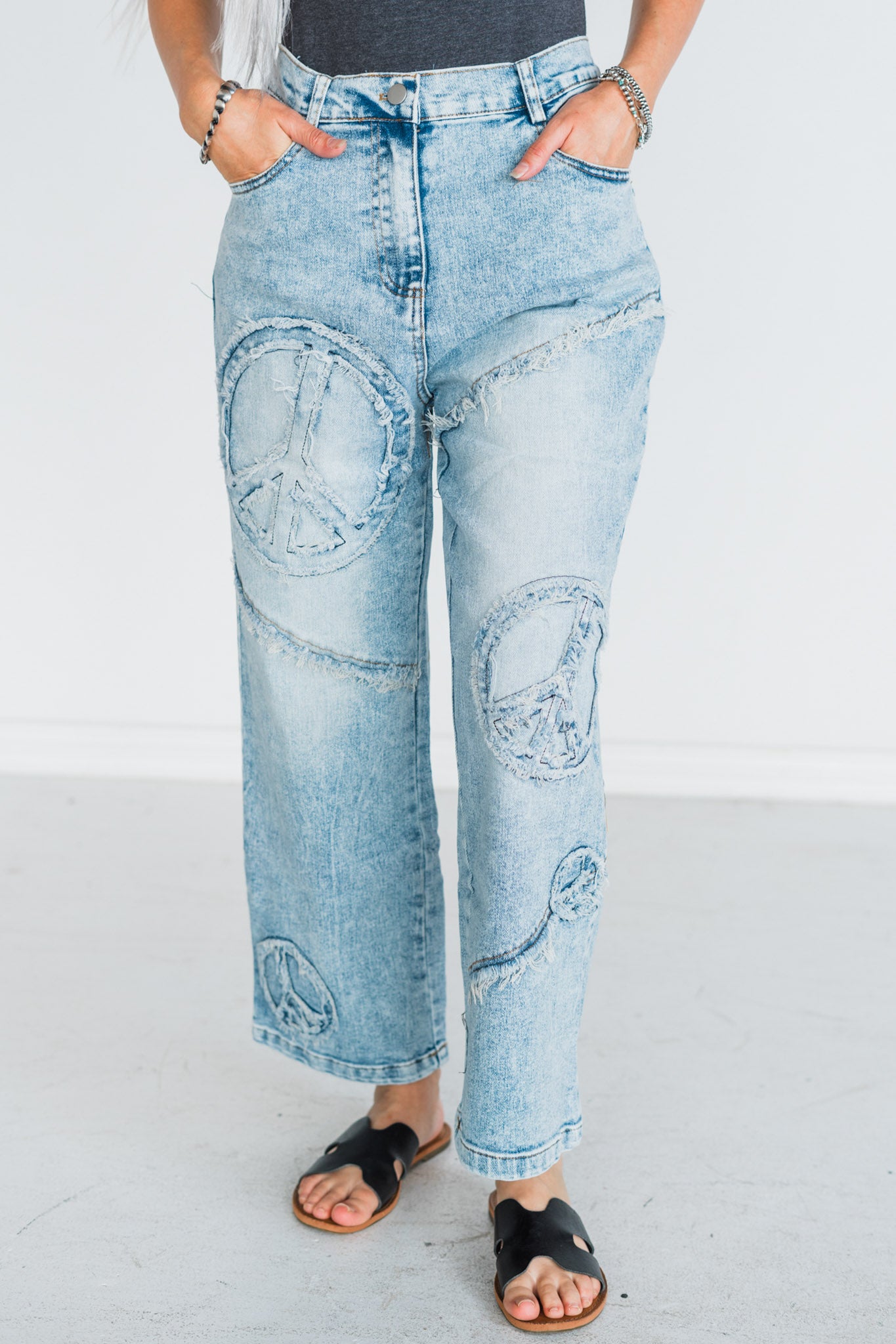 Peace Sign Patch Light Wash Straight Denim Jeans