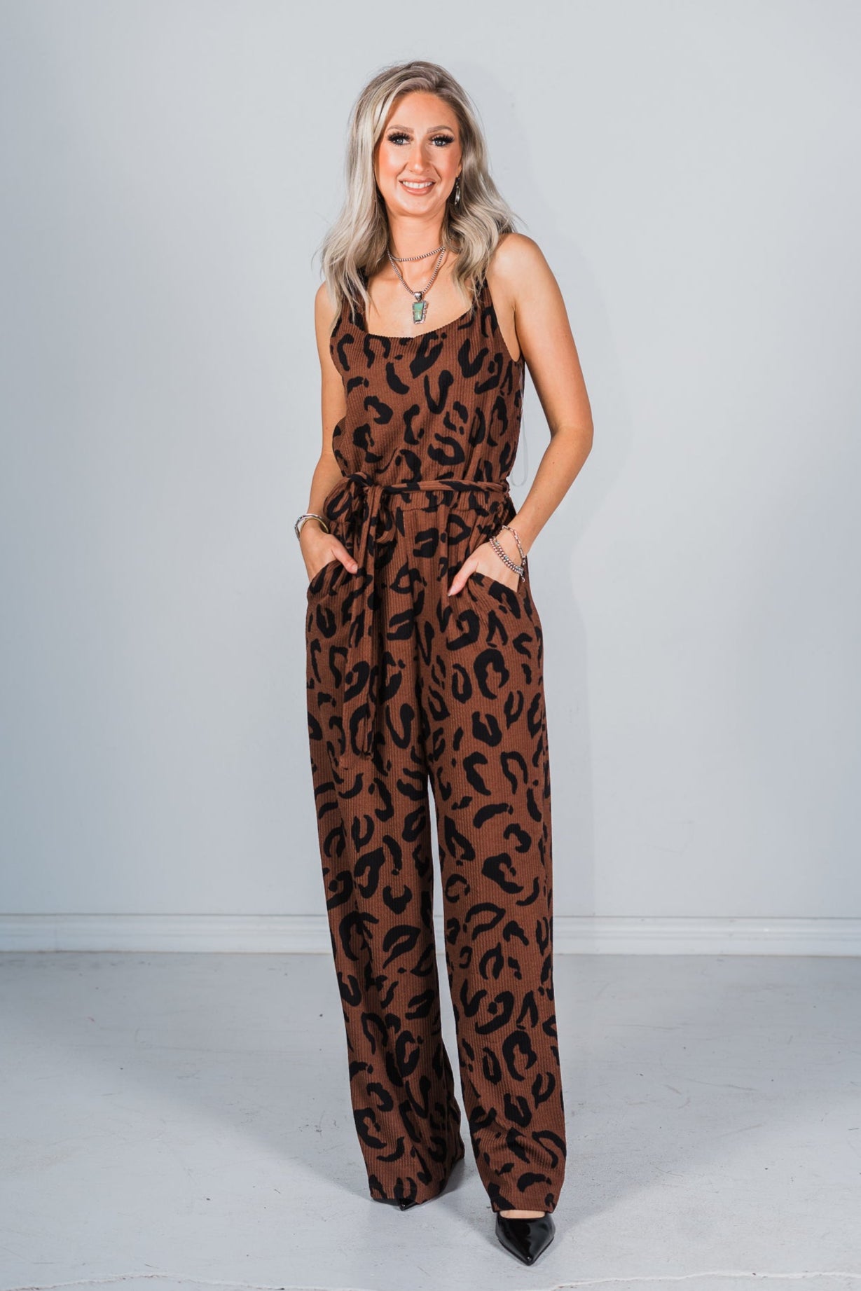 Sleeveless Leopard Print Wide Leg Jumpsuit
