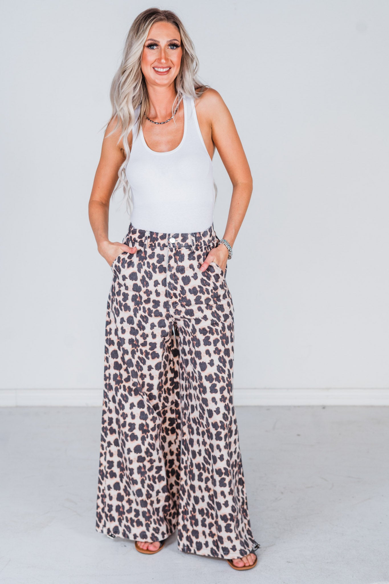 Leopard Print Wide Leg Pants with Adjustable Bottom FINAL SALE