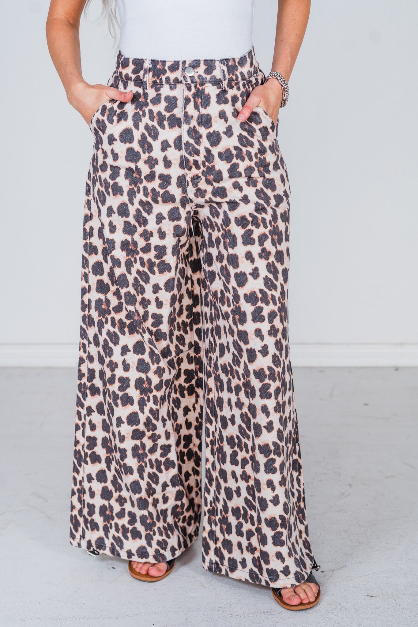 Leopard Print Wide Leg Pants with Adjustable Bottom FINAL SALE
