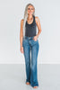 Judy Blue Mid-Rise Vintage Wash Flare Jeans w/ Destroy Fray Hem