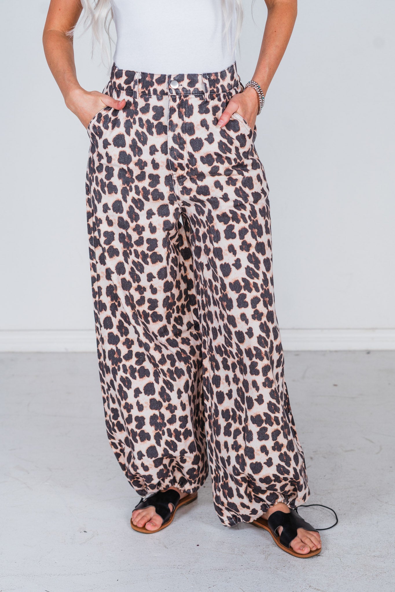 Leopard Print Wide Leg Pants with Adjustable Bottom FINAL SALE