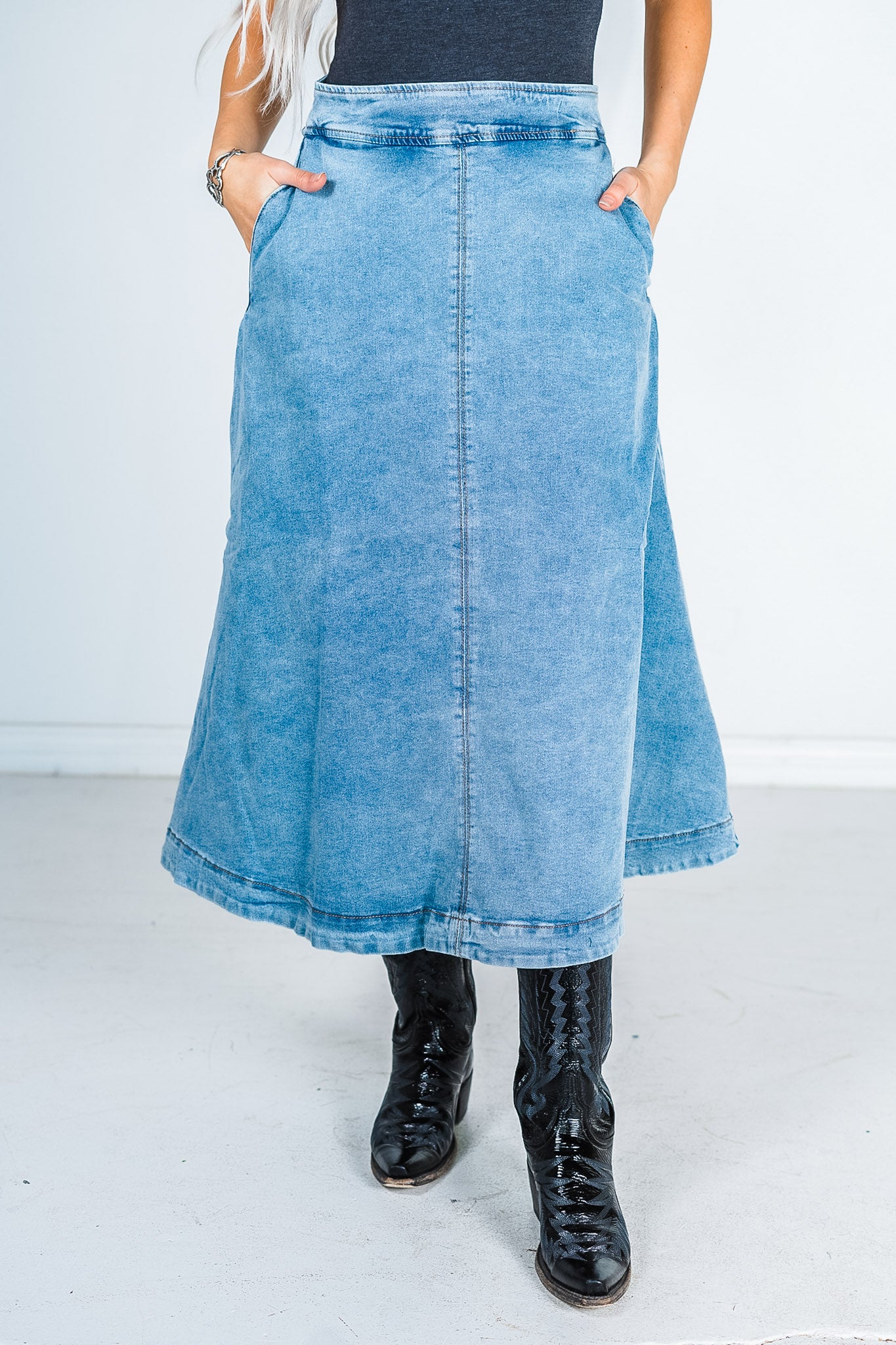Denim A-Line Zip-Up Midi Skirt - Whiskey Skies