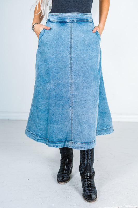 Denim A-Line  Zip-Up Midi Skirt