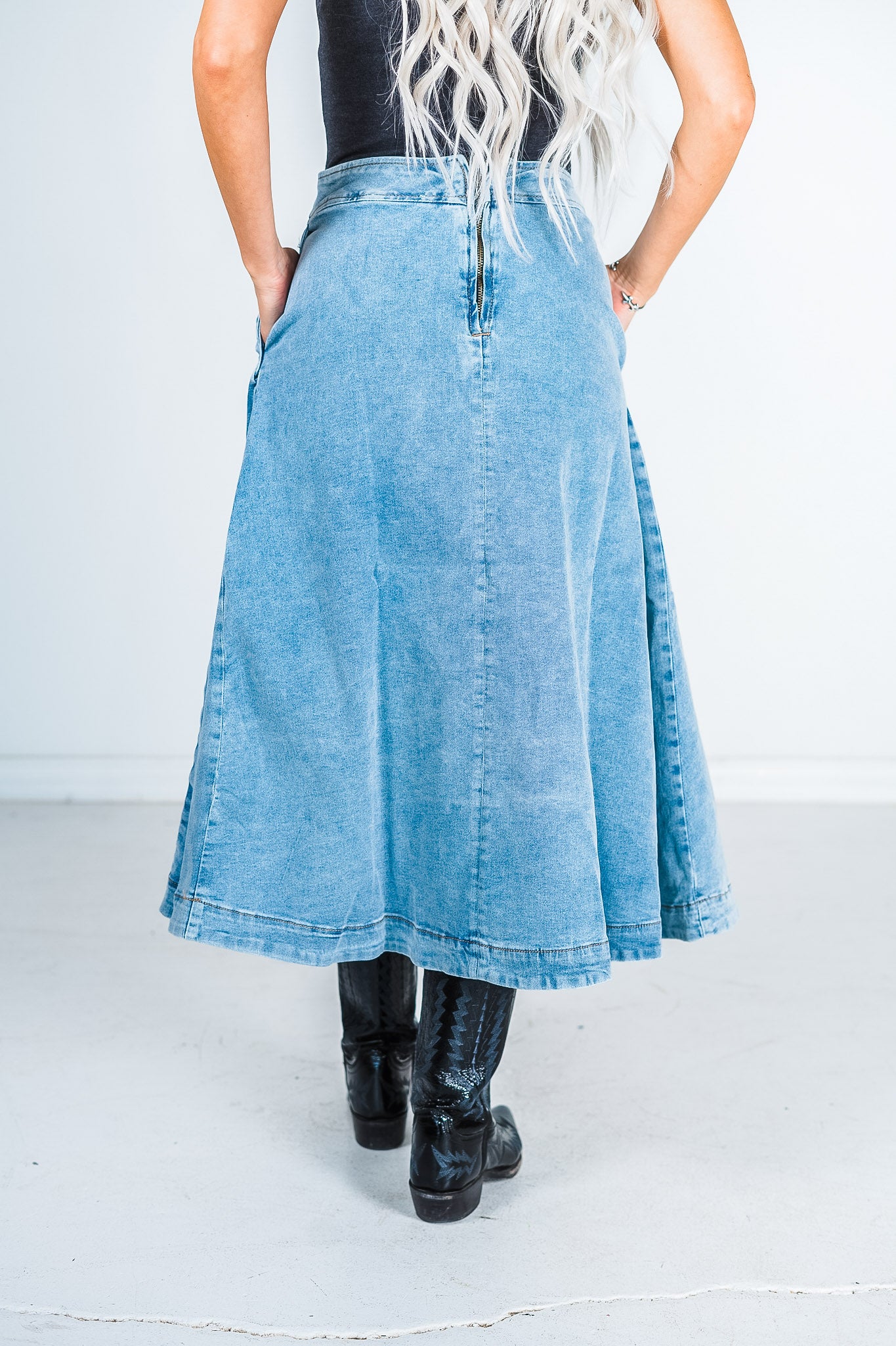 Denim A-Line  Zip-Up Midi Skirt