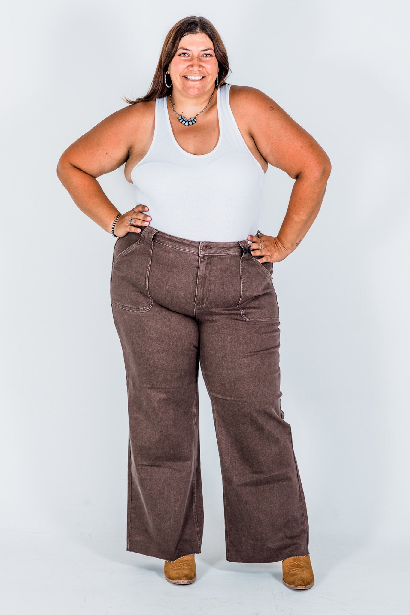 Judy Blue High-Waist Wide Leg Brown Jeans W/ Front Patch Pockets