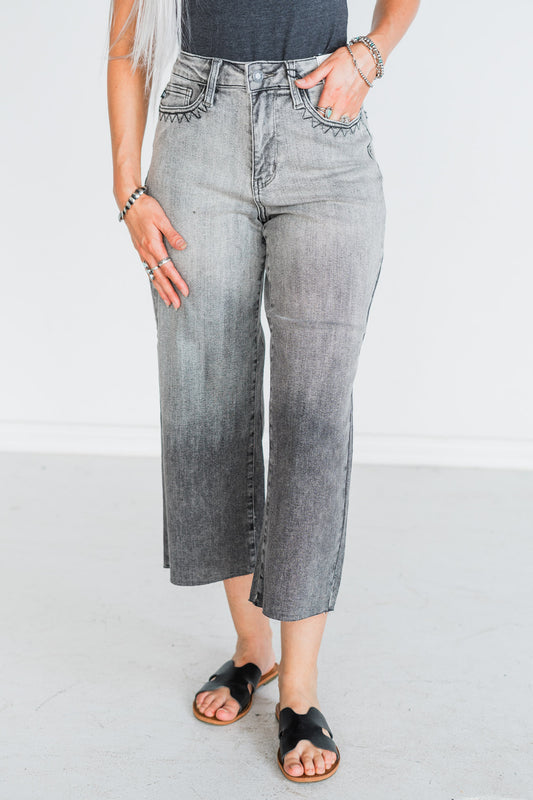 Judy Blue High Waist Gray Cropped Jeans with Embroidered Pocket Detail